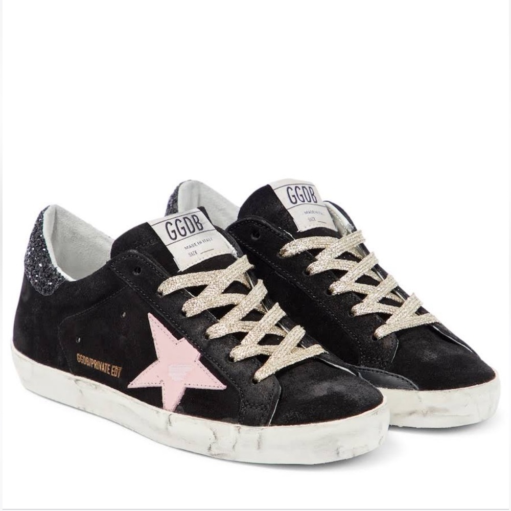 NEW • Golden Goose • Low Top Superstar Sneakers Lace Up Black Gunmetal Glitter